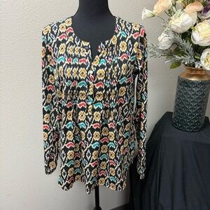 Pink Cattlelac Boho Ikat Print Button Front Peplum Tunic Top M